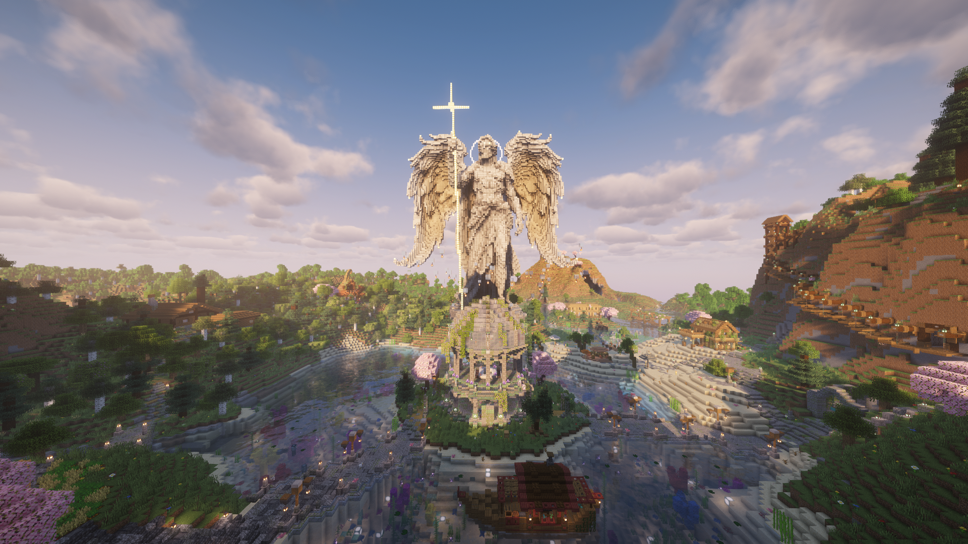 Geflügelte Statue über dem SurvivalFreunde-Spawn im warmen Tageslicht